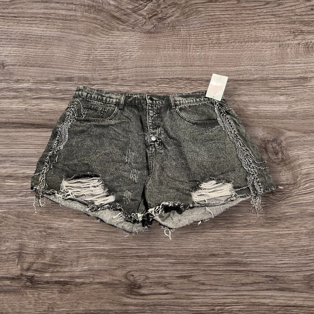 NWT Savanna Jane Denim Button Fly Crystal Fringe Shorts High Waist Cut Off 1X